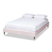 Baxton Studio Volden Glam and Luxe Light Pink Velvet Fabric Upholstered King Size Wood Platform Bed Frame with Gold-Tone Leg Tips